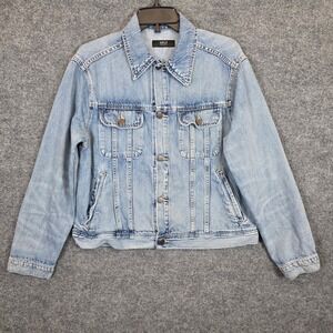 ABLE Denim Jean Trucker Jacket Womens L Light Blue Button Up Long Sleeve Classic